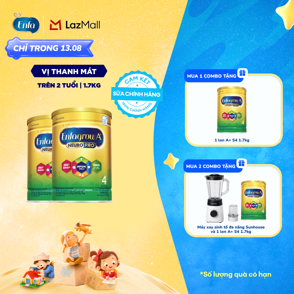 [TỪ 13/08 MUA LÀ CÓ QUÀ] Bộ 2 lon sữa bột Enfagrow A+ Neuropro 4 với DHA giúp phát triển não bộ cho trẻ từ 2-6 tuổi - 1.7kg/lon