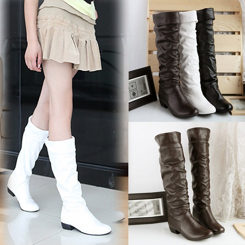 MYS Store Bốt Da PU Giày Cao Gót Đế Bằng Giữa Bắp Chân Thời Trang Thu Đông Cho Nữ Giày Bốt Nửa