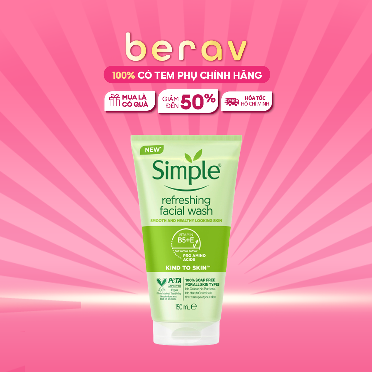 [XL] Sữa Rửa Mặt Simple Dạng Gel Làm Sạch Da, Dưỡng Ẩm và Kiềm Dầu Kind To Skin Facial Wash 150ml - Xanh Lá