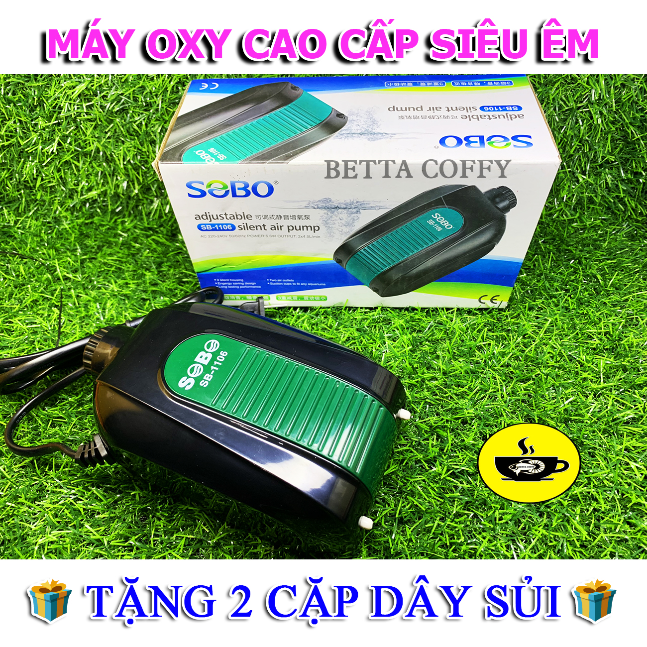 Máy sủi oxy Cao Cấp SOBO 2 vòi SB 1106 - Tặng 2m dây + 2 cục sủi