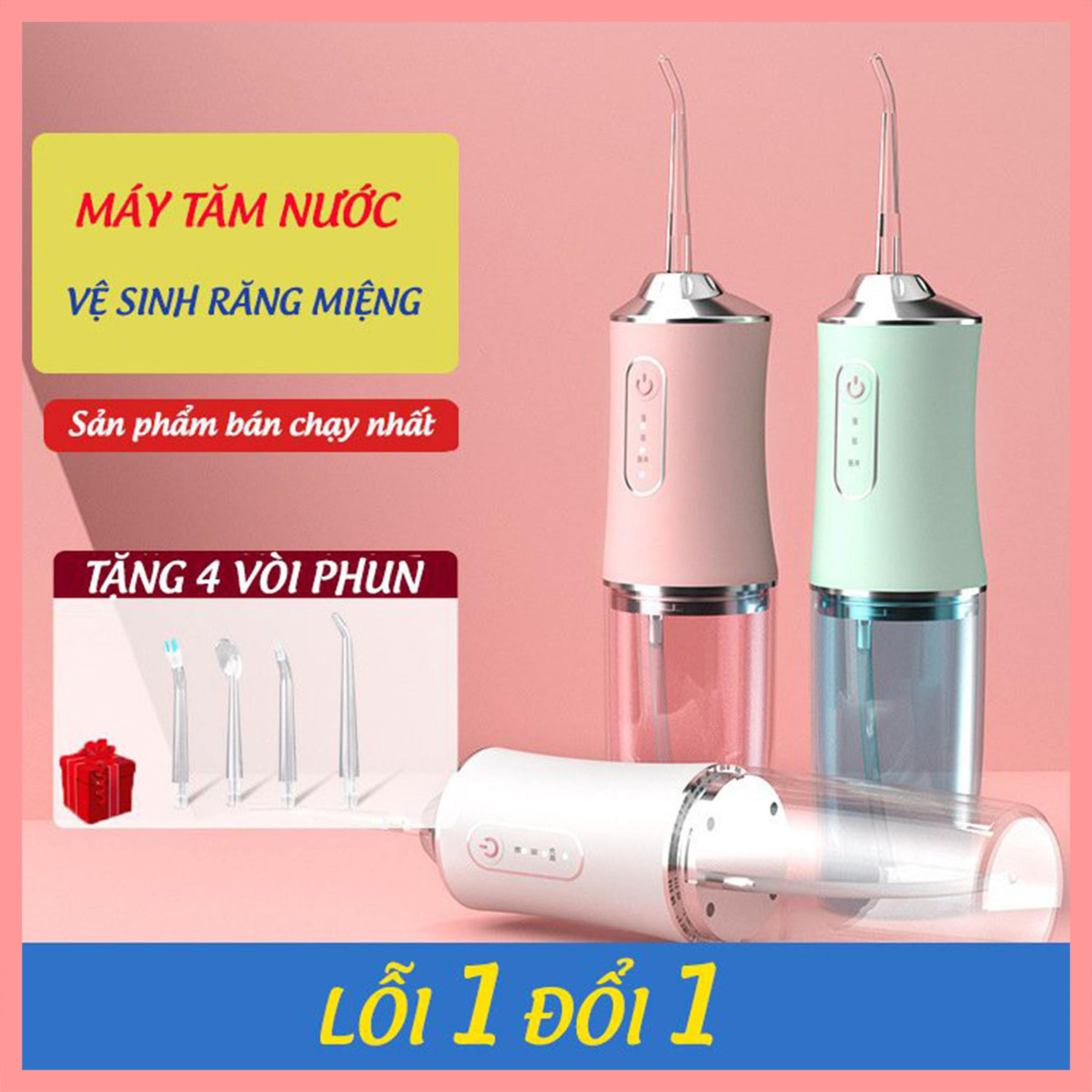 Tăm Nước Oral Irrigator-Máy Tăm Nước Cầm Tay -Dòng Máy Tăm nước Sạc Pin Máy Tăm Nước 4 Đầu Chuyên Dụng Làm Sạch Sâu Máy Xỉa Răng Nước .vệ sinh răng miệng 3 chế độ xịt.cực sạch