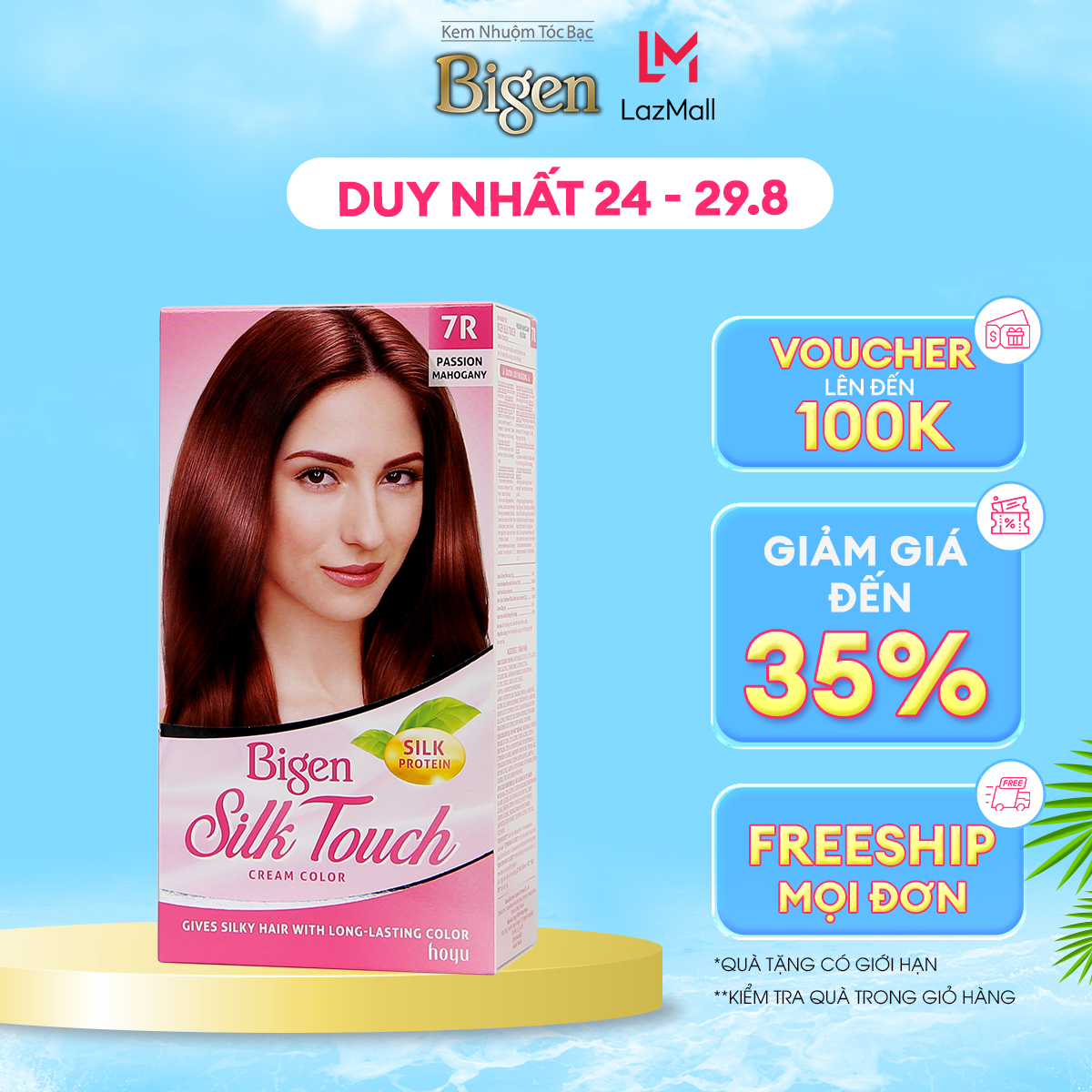Thuốc nhuộm phủ bạc Bigen Silk Touch phủ bạc hoàn toàn, dưỡng tóc mềm mượt 135ml dạng kem-Đỏ Đồng 7R