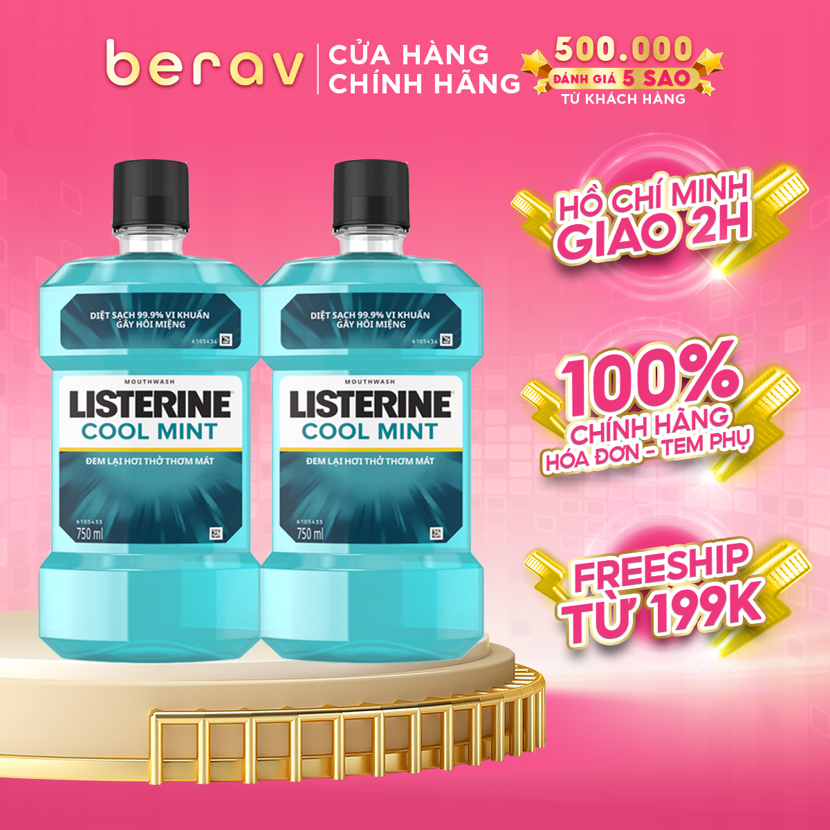 Bộ 2 Chai Nước Súc Miệng Listerine Diệt Khuẩn, Giữ Hơi Thở Thơm Mát Listerine Coolmint Mouthwash 750ml/Chai