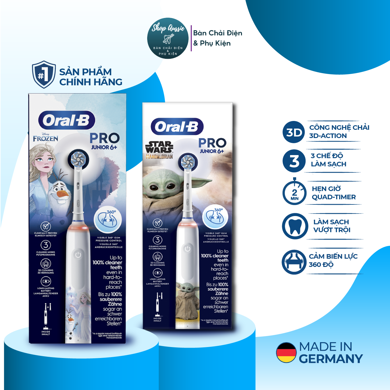 Bàn chải điện trẻ em từ 6+ tuổi oral-b pro junior - 3 chế độ làm sạch, công nghê chải 3d-action, đèn cảm biến lực