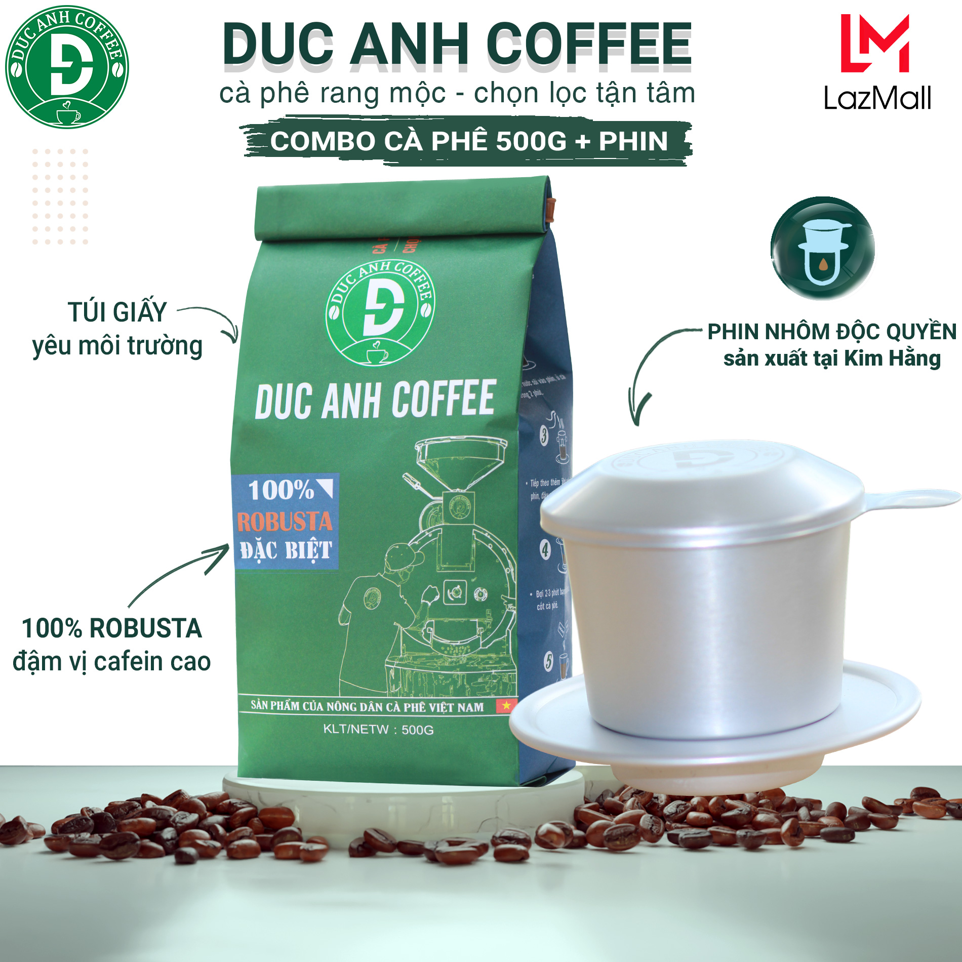 [combo] Túi 500g Cà phê +Phin nhôm cao cấp - 100% cà phê Robusta rang xay Đặc Biệt nguyên chất Pha Phin đậm vị, mạnh, hậu ngọt - DUC ANH COFFEE - phin cafe