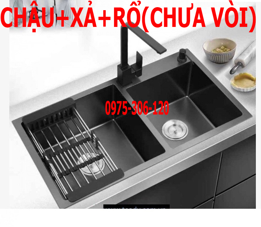 Combo Chậu Rửa Chén Bát N7 8245 LỆCH INOX 304 NANO và Rổ Rút Đa Năng đựng trái cây và bộ xả chậu bồn rửa chén inox