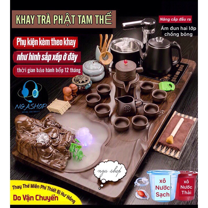 Bàn trà điện thông minh phật di lặc ôm hồ lô phun nước phong thuỷ 1823 ,Bếp đun tự động đa năng hai lớp cách nhiệt chống bỏng kèm ấm chén gốm sứ tuỳ chọn,một bộ đủ món như hình - shop NGA SHOP