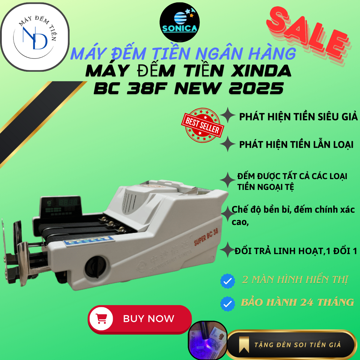 Máy đếm tiền xinda bc 38F cao cấp , phát hiện tiền giả , tiền khác mệnh giá , cực bền , đếm chuẩn 2025new