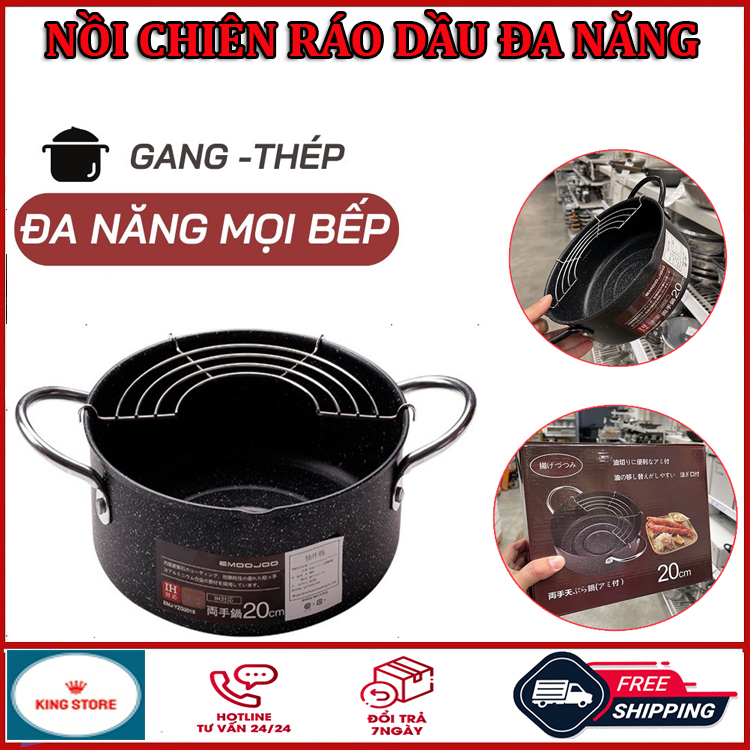 Nồi chiên lọc dầu chống dính, tặng kèm vỉ gác ráo dầu mỡ inox - nồi chiên ngập dầu chống dính emoojoo nhật, không lo tốn nhiều dầu mỡ khi chiên, nồi chiên vân đá chống dính, nồi chiên ráo dầu