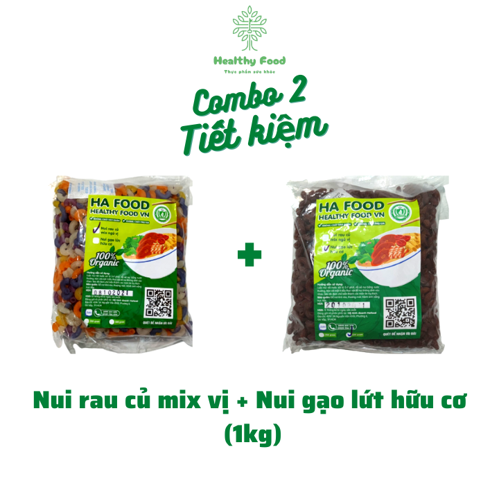 Nui gạo lứt rau củ mix vị + Nui gạo lứt hữu cơ khối lượng 1kg