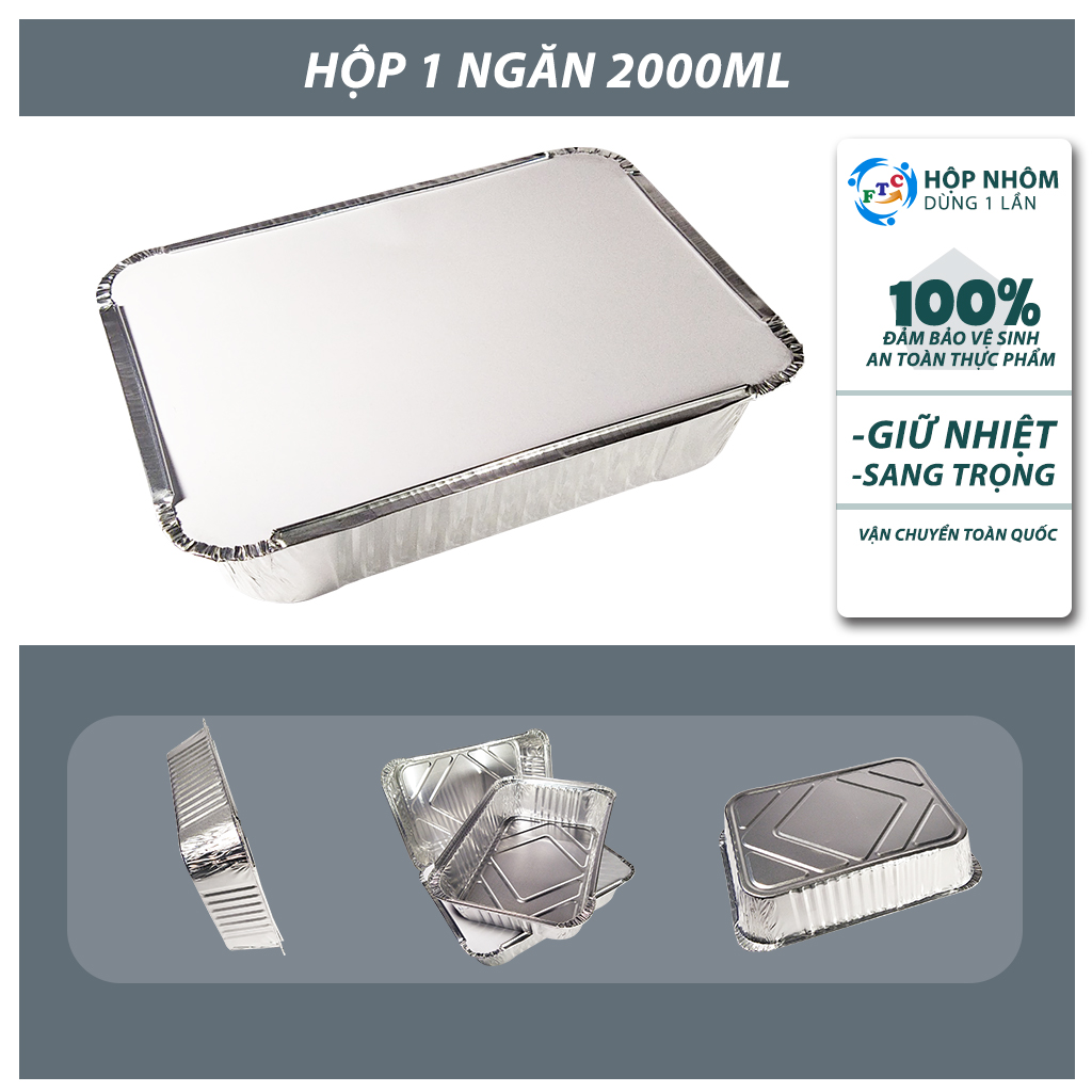 "Cao cấp" set 10 hộp nhôm thực phẩm 1 ngăn 2000 ml (khay giấy bạc có nắp ) dùng 1 lần, chứng nhận VS ATTP