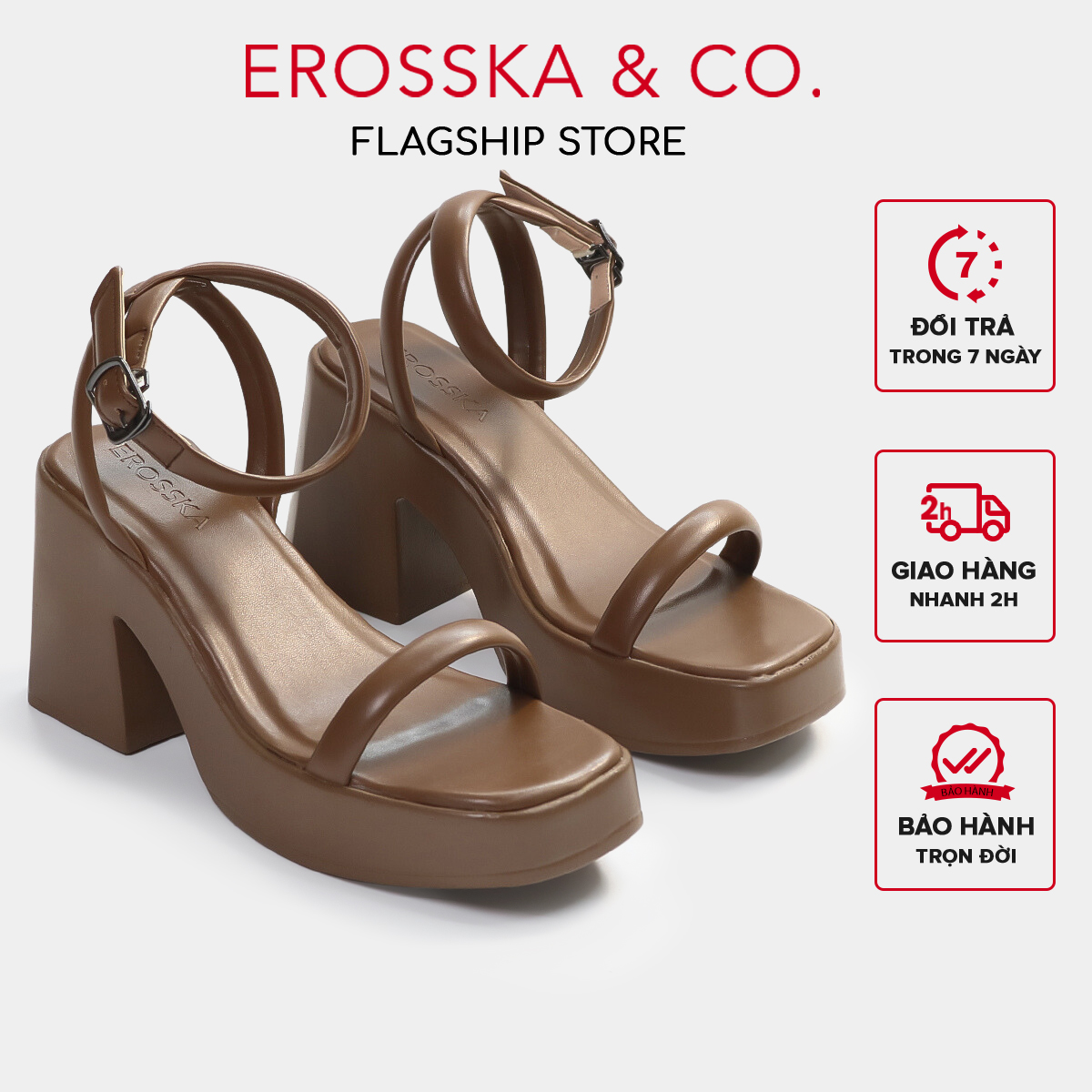 Erosska - Giày sandal cao gót nữ quai ngang kiểu dáng đơn giản màu nâu - SB029 [Form to lùi 1 size]