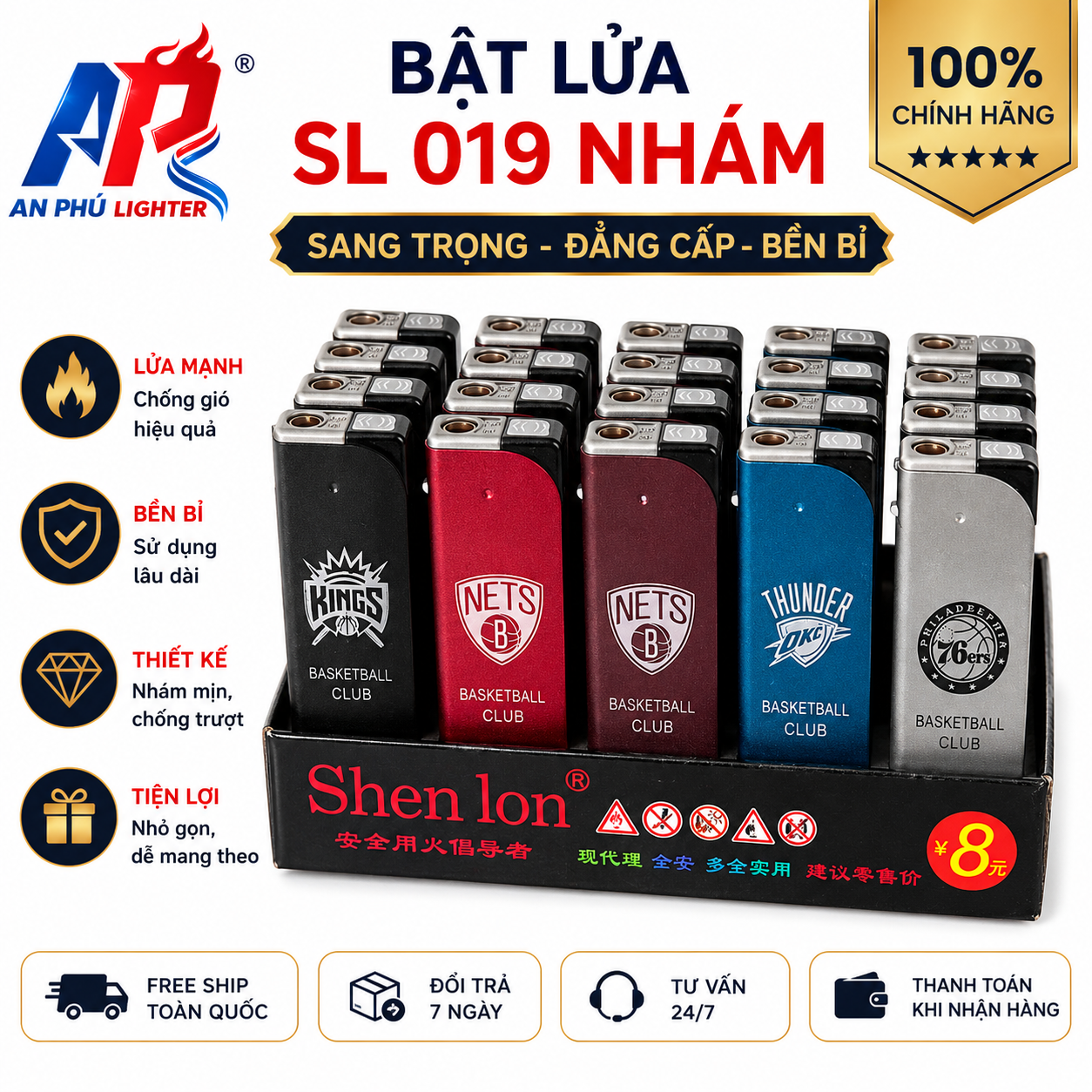 Bật Lửa SL 019 Nhám - Vỏ Nhôm Nhám Chống Bám Vân Tay