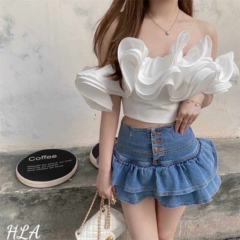 CHÂN VÁY NỮ LƯNG CAO JEAN ĐUÔI CÁ TẦNG 2 NÚT KIỂU KÈM QUẦN TUu