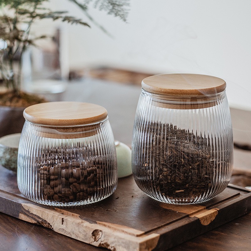 Lọ thủy tinh sọc, hộp thủy tinh nắp gỗ, hũ thủy tinh nắp gỗ cao cấp.