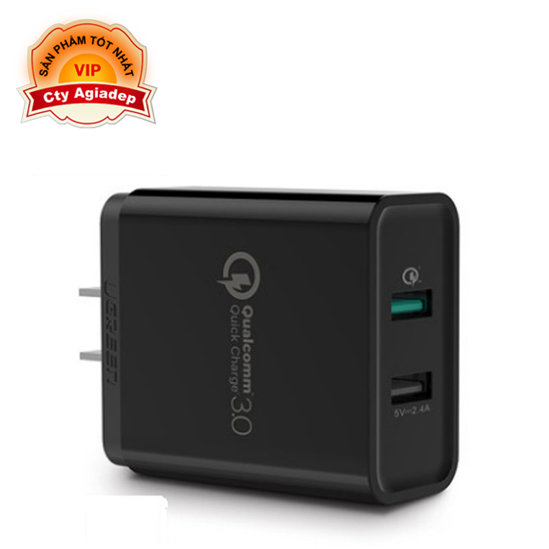 Củ sạc QC3.0 - 2 Cổng USB Cao cấp Agiadep-Ugreen (Xịn - Sạc nhanh) Số 1 hiện nay (Tốt hơn Anker) - Màu đen