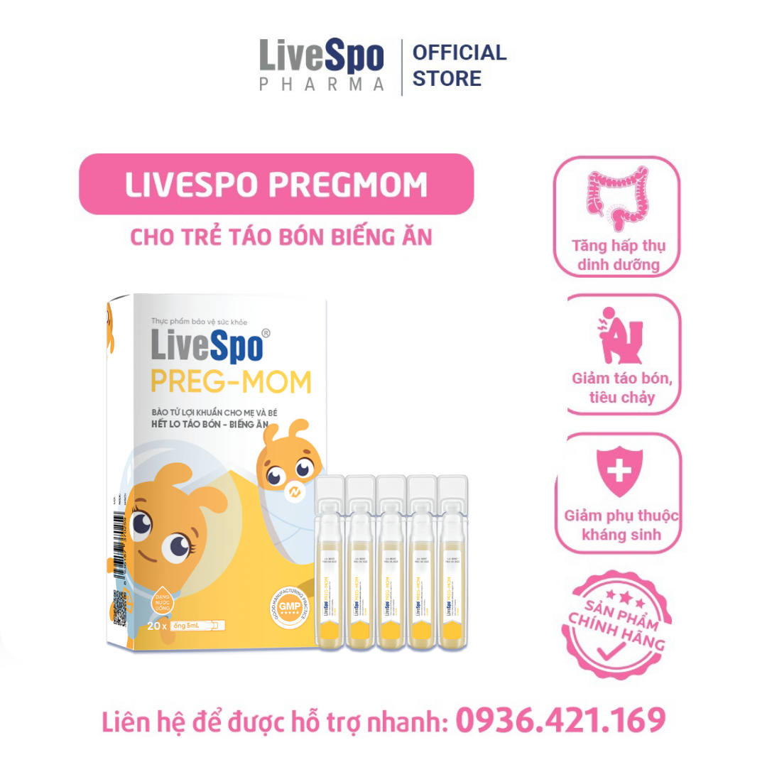 Men vi sinh LiveSpo Pregmom 60 tỷ bào tử lợi khuẩn hỗ trợ giảm táo bón rối loạn tiêu hóa cho trẻ - Hộp 20 ống x 5ml
