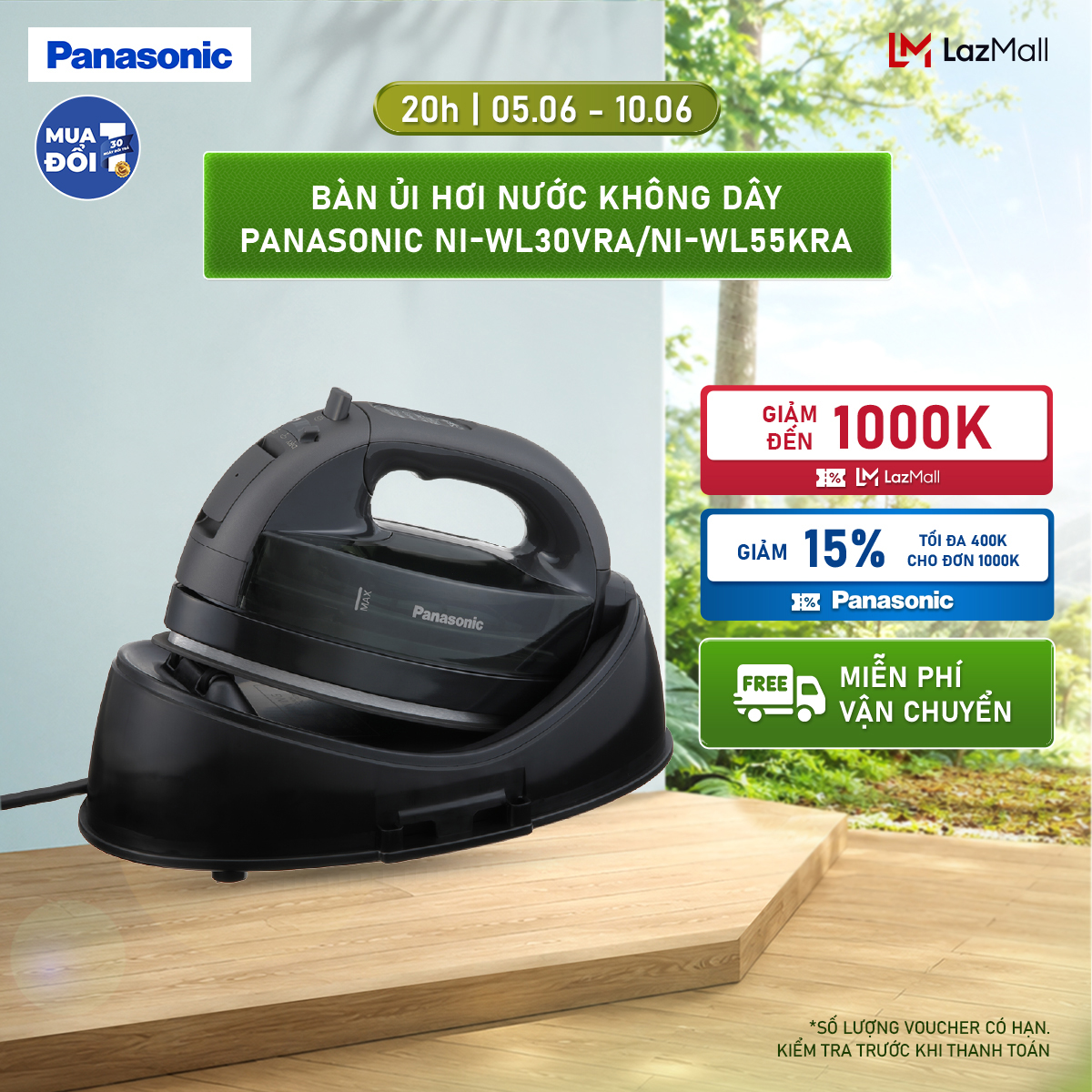 [Collect Voucher 1M trong Trạm Voucher]Bàn Ủi Hơi Nước Không Dây Panasonic NI-WL30VRA/NI-WL55KRA - Hàng Chính Hãng
