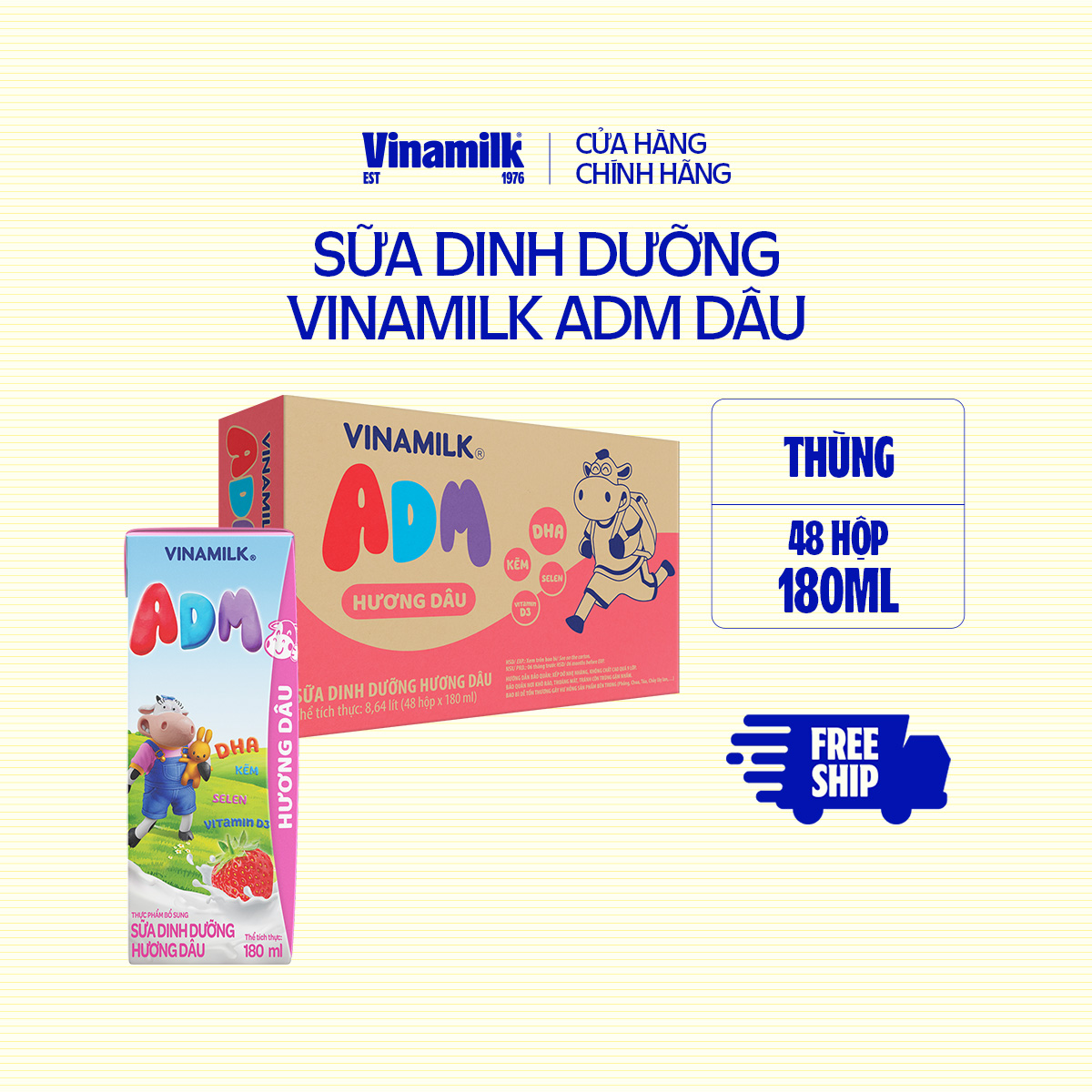 Thùng 48 Hộp sữa tiệt trùng Vinamilk ADM Gold IQ Hương dâu 180ml