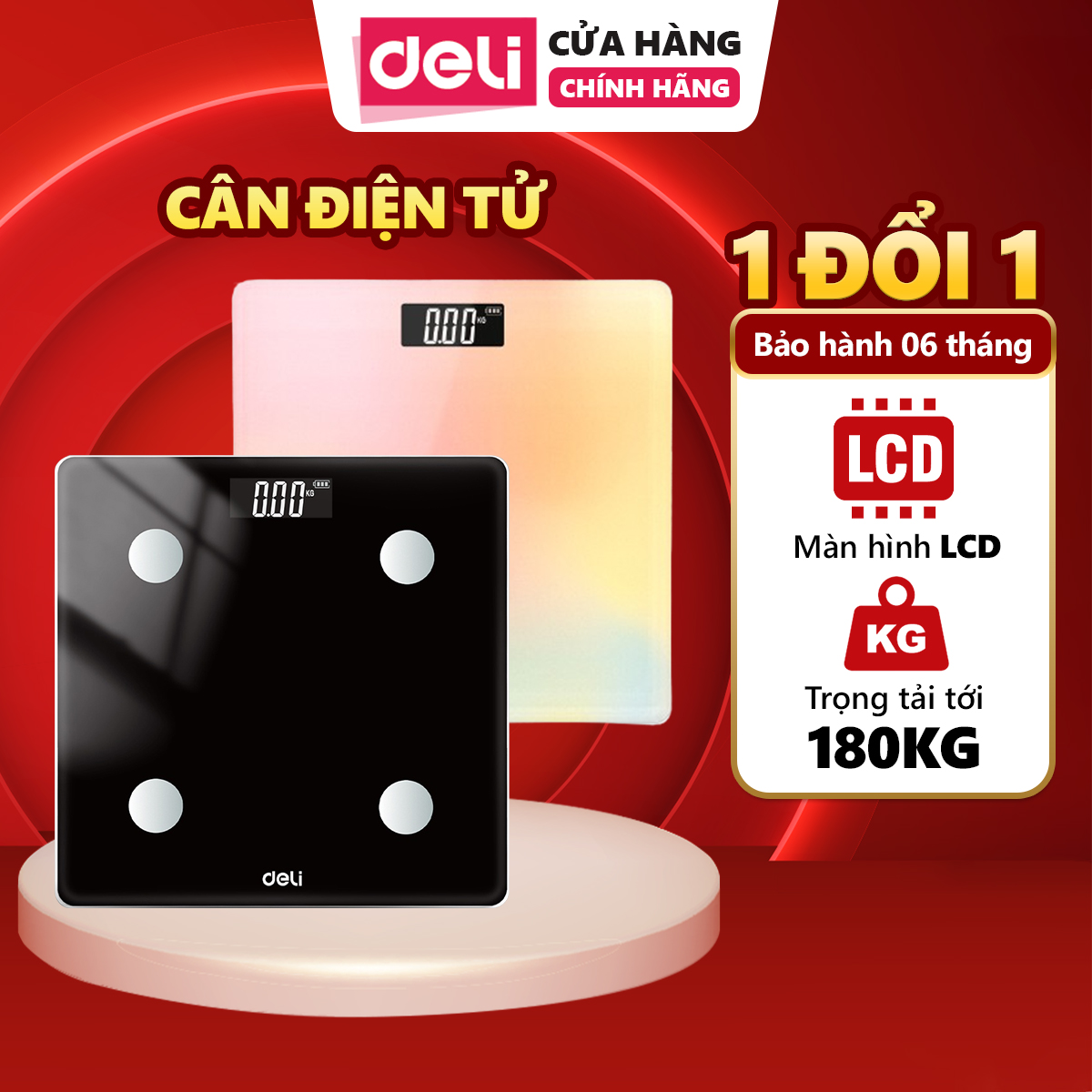 Cân Điện Tử Sức Khỏe DELI Chịu Tải 180KG, Cân Màn Hình Số, LCD Cân Chính Xác, Thiết Kế Đẹp, Nhỏ Gọn, Tiện Lợi Cho Gia Đình