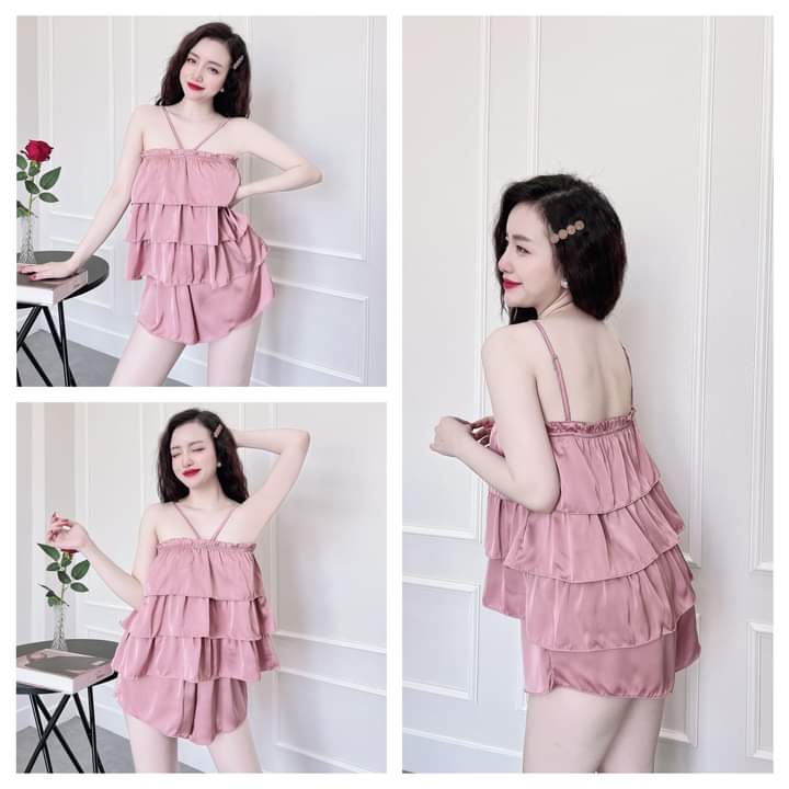 Đồ ngủ sexy nữ, Bộ đồ ngủ hai dây, Bộ ngủ đùi satin freesize 54kg - CN160