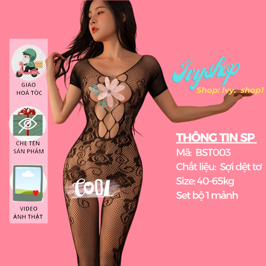 Bộ Đồ Ngủ Body Liền Tất/ Vớ Siêu Tôn Dáng, BST003, Bodysuit ren Lưới Liền Tất, Bodystocking Thêu Hoa Hồng Siêu XInh Co Giãn BST