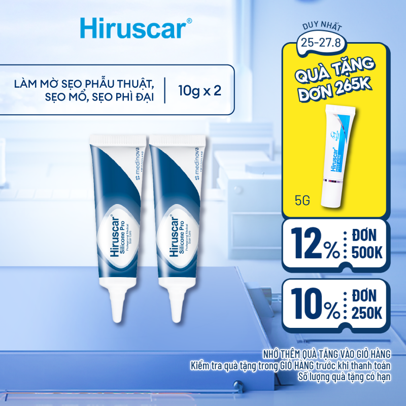 Bộ 2 Gel xử lý sẹo mổ,sẹo to,sẹo lồi & phì đại Hiruscar Silicone Pro 10g