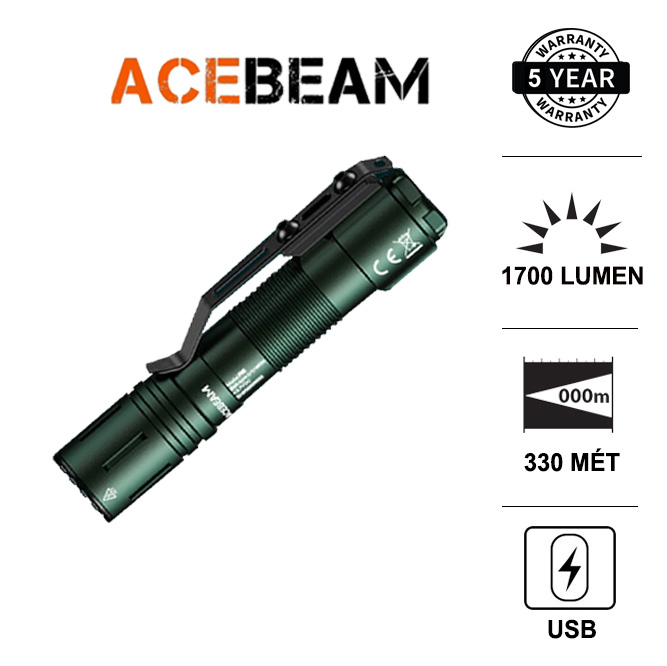 Đèn pin chiếu xa nhỏ gọn ACEBEAM P15 bóng LED LUMINUS SFT40 sáng 1700 lumen chiếu xa 330m sạc USB sử dụng pin 18650 (kèm theo)