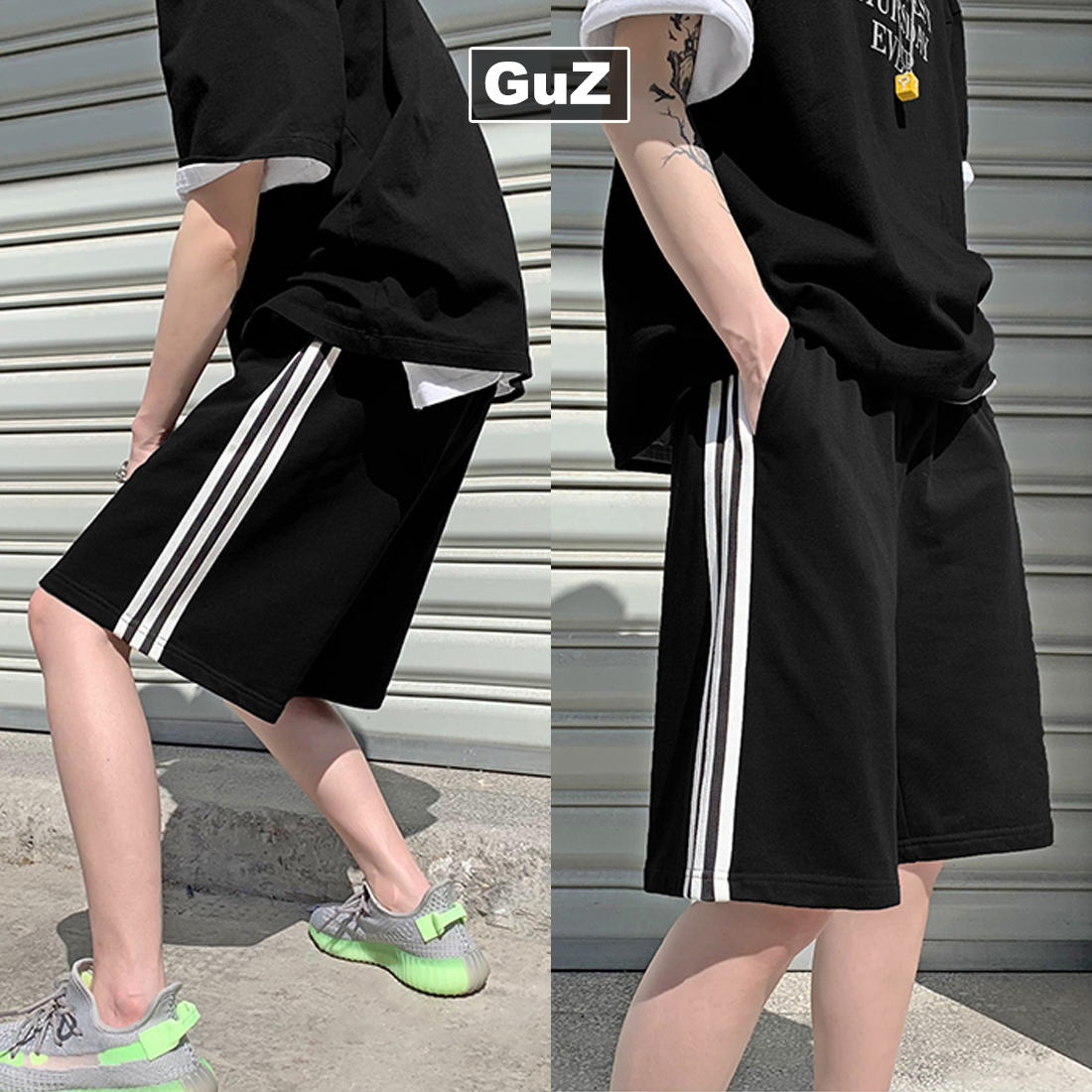 Quần đùi nam thể thao lưng cao dáng suông basic kẻ ba sọc màu đen guzfashion