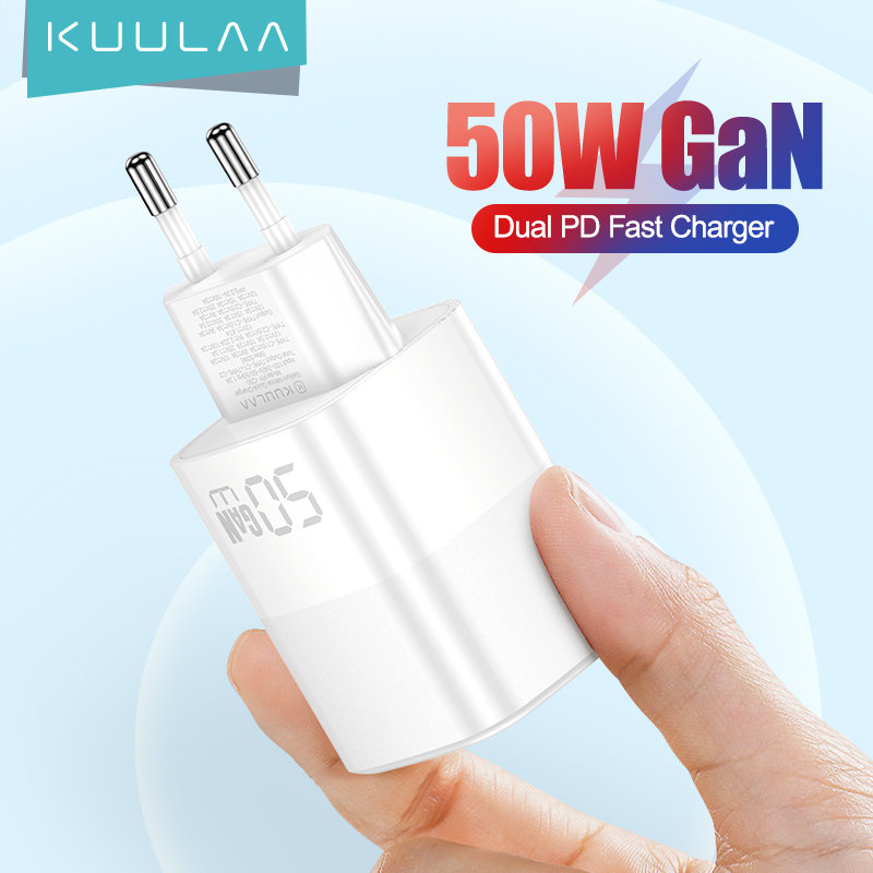 Kuulaa 50w dual usb c wall charger usb-c port compact power adapter fast charging usbc charger for iphone 14/14 pro max/14 pro/13 pro max/12/11 gan type c pd fast charger for galaxy pixel ipad/ipad mini and laptops