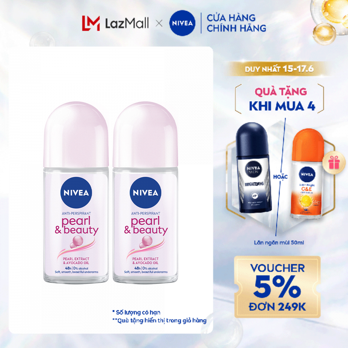 Chỉ 15.6 Mua 4 combo tặng 1 lăn C&E 50ml Bộ 2 Lăn Ngăn Mùi NIVEA Pearl & Beauty Ngọc Trai Dưỡng Trắng Da 83735