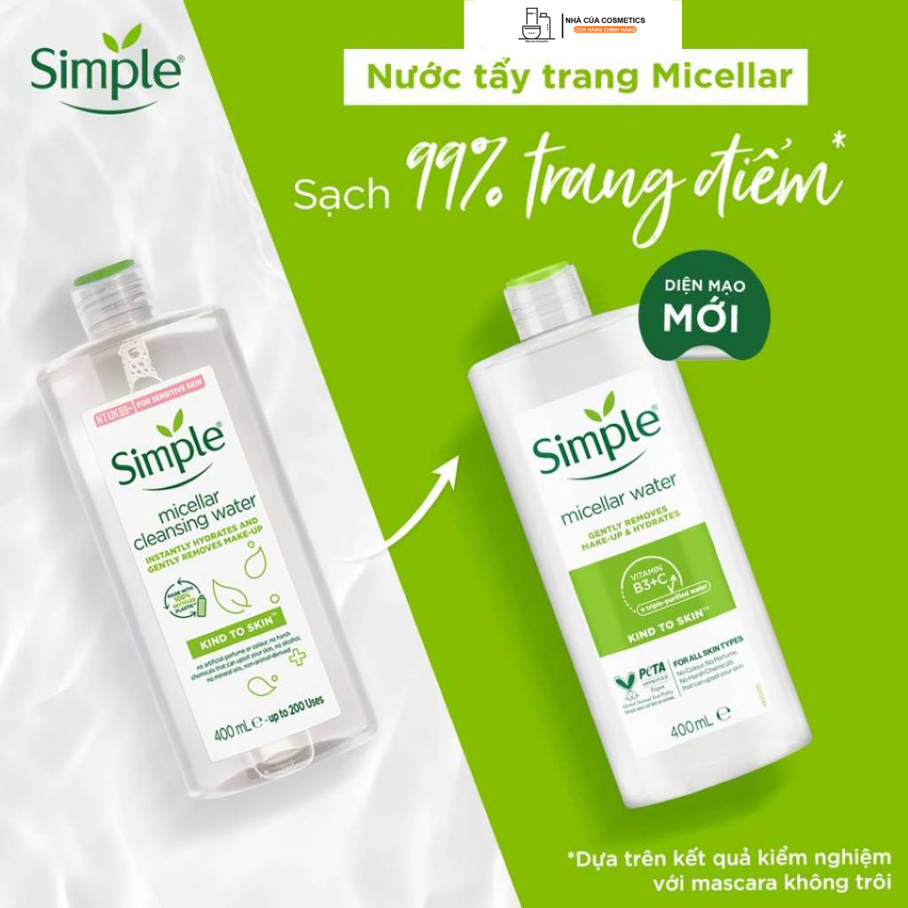 Nước Tẩy Trang Simple Micellar 200ml Nhẹ Nhàng Làm Sạch Lớp Trang Điểm & Cấp Ẩm Tức Thì Cho Da