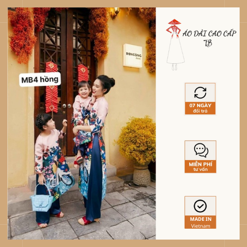 Áo dài tết mẹ bé gái áo dài cách tân màu đỏ, vàng, hồng chất liệu tafta in hoạ tiết nổi bật cho mẹ và bé gái ad11