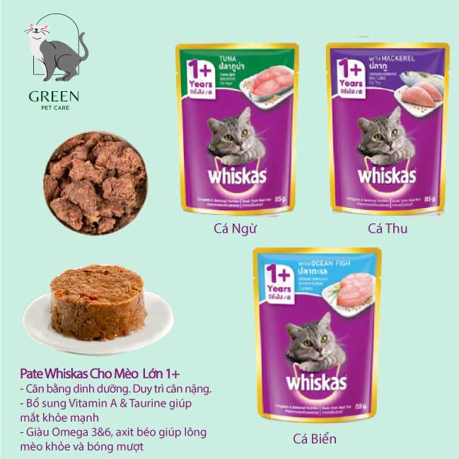 Pate Whiskas gói 1+ cho mèo lớn đủ 6 vị dạng gói - Túi 80gr