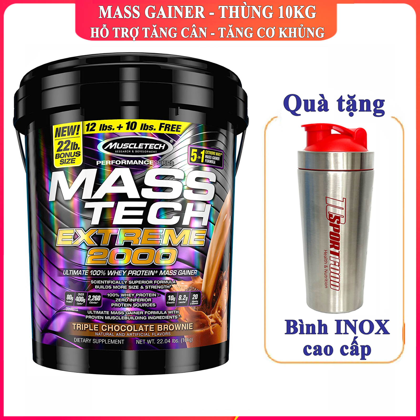 Sữa tăng cân tăng cơ cực khủng MASS TECH EXTREME 2000 của MuscleTech thùng cực lớn 10kg hỗ trợ tăng cân, tăng cơ nạc nhanh chóng cho người tập gym và chơi thể thao hấp thu kém - thuc pham