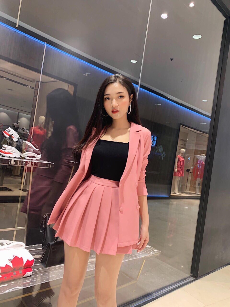 [HCM]Set vest ba món chân váy xếp li kèm áo vest và áo thun