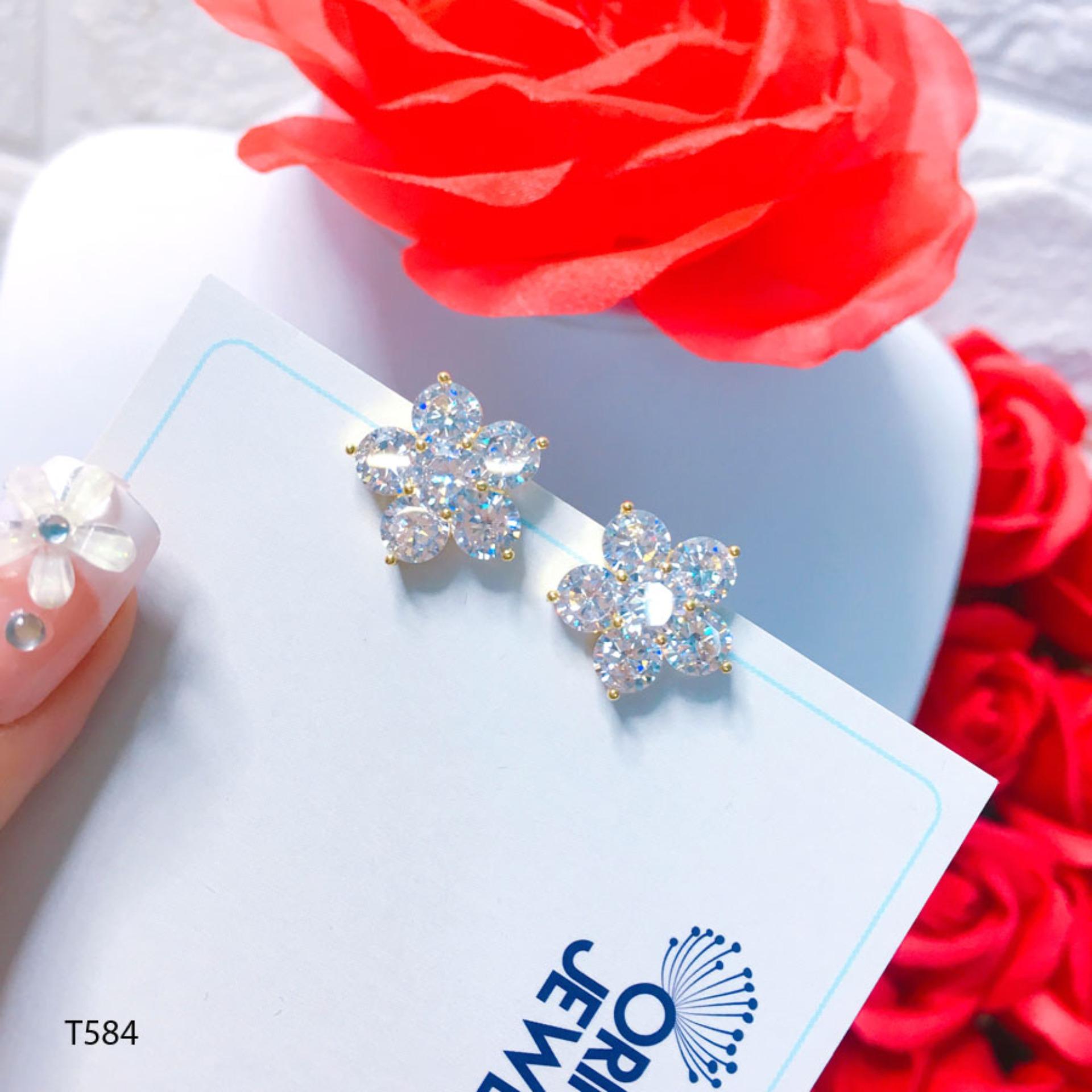 Bông tai hoa mai 5 cánh lớn đính đá thiết kế cao cấp Orin T584 - Long Tien