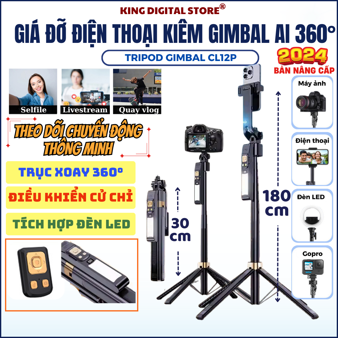 Gậy Chụp Ảnh 4 Chân Tích Hợp Gimbal AI Thông Minh CL12P - Tripod Điện Thoại Theo Dõi Chuyển Động Xoay 360 Độ Kéo Dài 180 cm Gậy Selfile Có Remote Kết Nối Bluetooth Tích Đèn Trợ Sáng