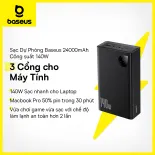 Sạc dự phòng Baseus Công suất 140W Dung lượng 24000mAh gồm 3 cỗng tiện dụng dành cho máy tính, điện thoại