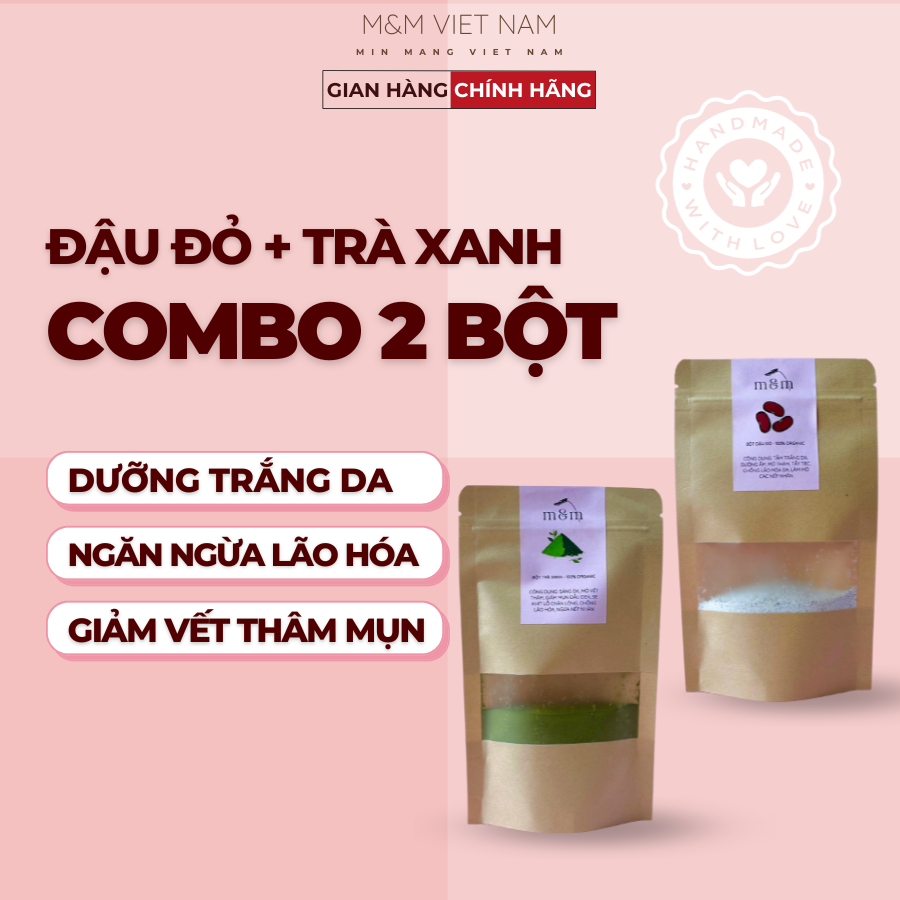 Combo bột trà xanh + bột đậu đỏ đắp mặt, tắm trắng, nguyên chất, hữu cơ, handmade, trắng da, mờ thâm sạm