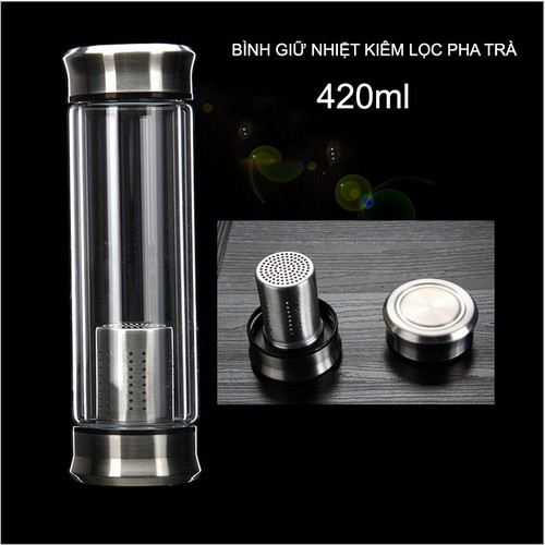 Bình giữ nhiệt kèm bộ lọc pha trà bằng thủy tinh 2 lớp 2 đầu inox cao cấp - 420ml