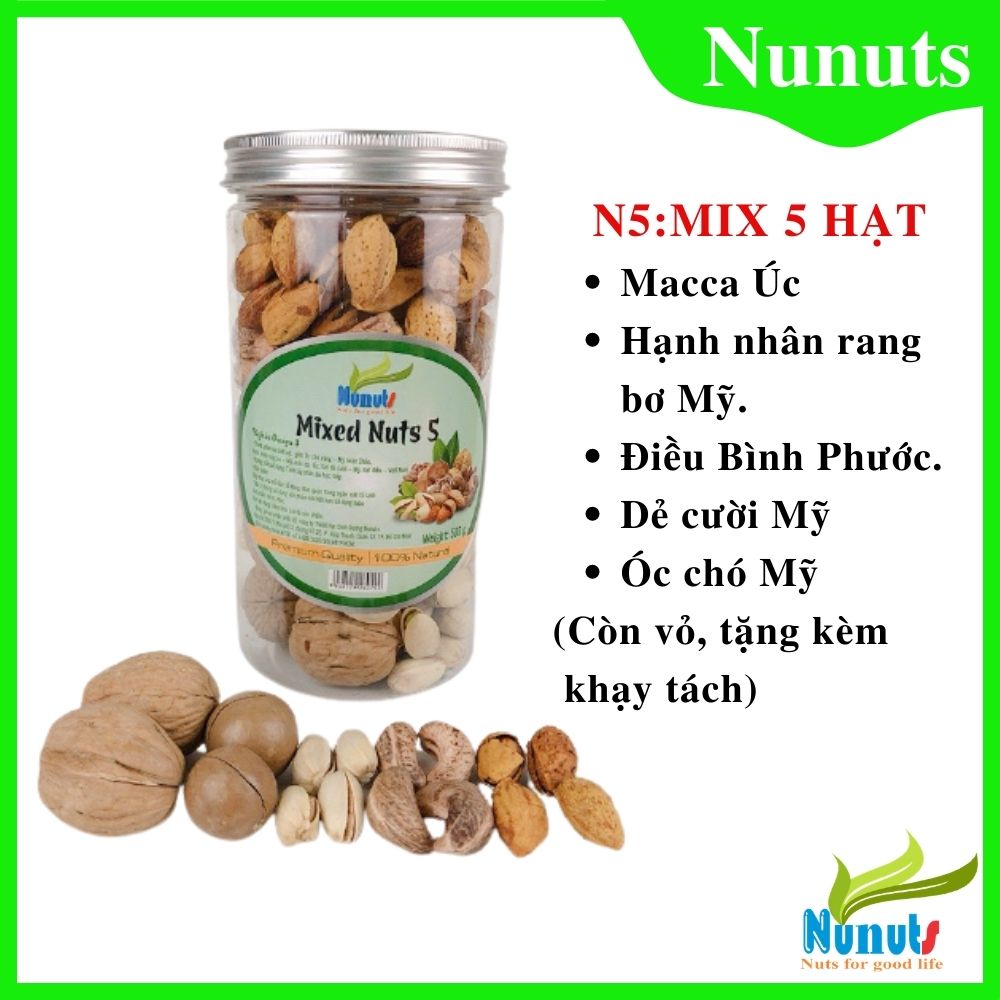 NN5: 500G Mix 5 hạt dinh dưỡng còn vỏ từ Nunuts ( hạt macca úc nứt vỏ, hạt óc chó mỹ, hạt điều bình phước, hạt dẻ cười mỹ, hạt hạnh nhân rang bơ mỹ) tặng kèm khạy tách vỏ trong hũ. ăn vặt mẹ bầu, quà tặng mẹ bầu.