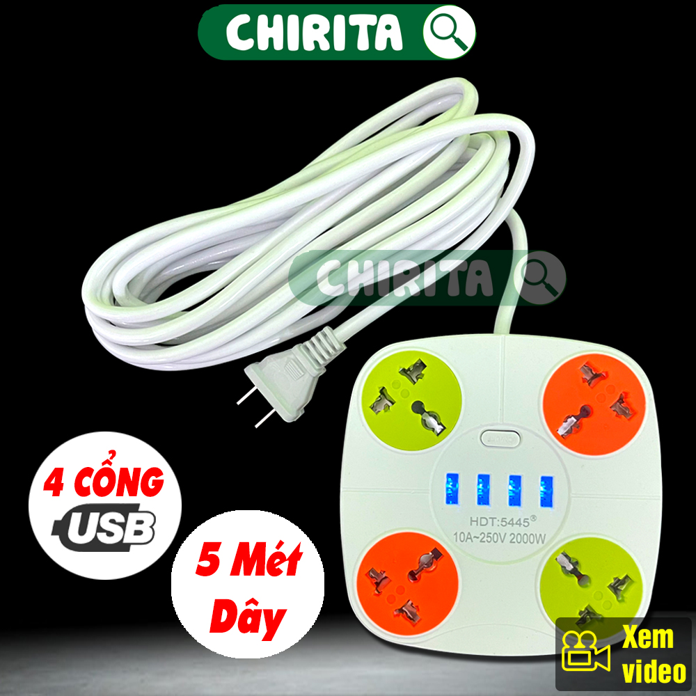 Ổ Cắm Điện Đa Năng (HDT-5445) Dây 5 Mét, 4 Cổng USB Tiện Lợi, Ổ Cắm Điện Thông Minh, Ổ Điện Thông Minh Có Công Tắc Chống Giật, Phích Cắm Điện CHIRITA