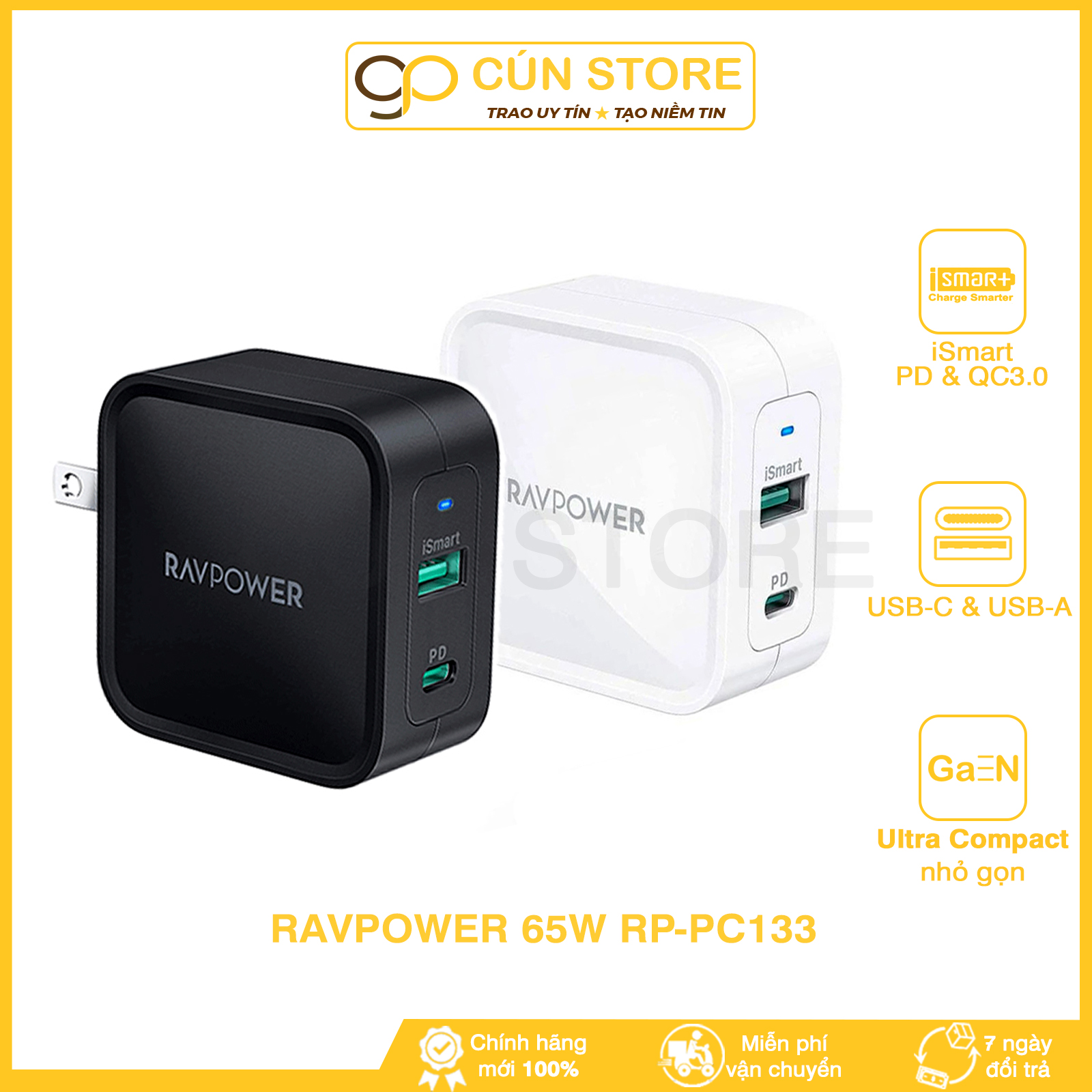 Củ sạc nhanh 65w ravpower pd 2 cổng gan tech rp-pc133, rp-cpcn002, sạc nhanh 65w chính hãng | bảo hành 6 tháng