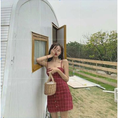 Evacici đầm xòe 2 dây kẻ caro đỏ dáng chữ a hở lưng buộc nơ váy 2 dây kẻ ulzzang
