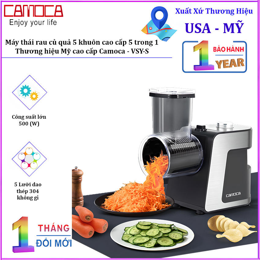 Máy thái rau củ quả 5 khuôn cao cấp 5 trong 1, dòng công suất lớn. Thương hiệu Mỹ cao cấp Camoca - VSY-S