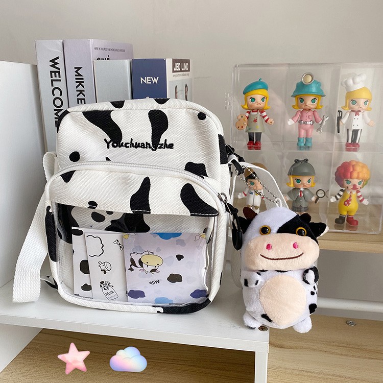 Túi đeo chéo canvas in hình bò sữa phong cách Hàn Quốc ngăn phụ trong suốt siêu hot