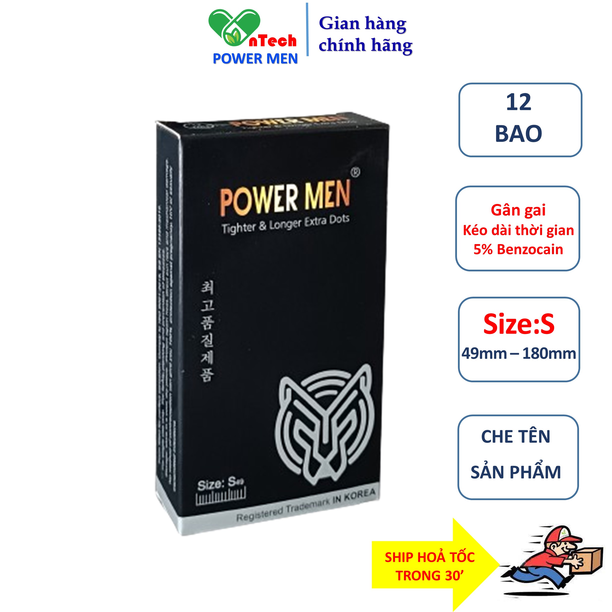 Bao cao su POWER MEN TIGHTER & LONGER & DOTTED Gân gai dáng ôm khít 3D kéo dài thời gian size nhỏ 49 hộp 12 chiếc
