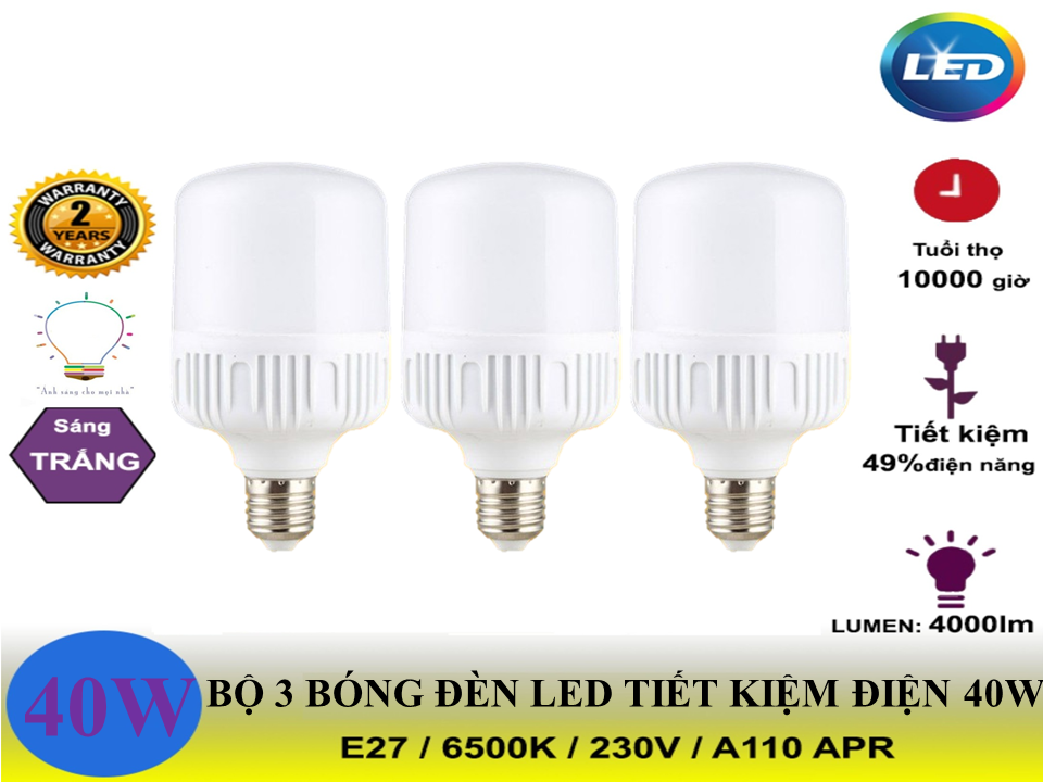 Bộ 3 bóng đèn 40W trụ tròn ánh sáng trắng- Siêu sáng, tiết kiệm điện, đuôi E27