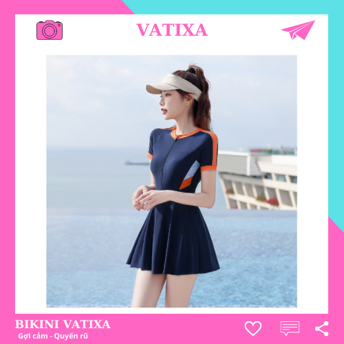 Đồ bơi nữ váy bơi liền thân cao cấp phối viền cam duyên dáng VATIXA BKN134